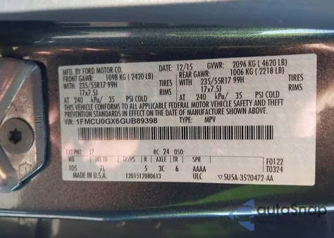 2016 Ford Escape Se z USA, uszkodzony, nr VIN 1FMCU0GX6GUB89398